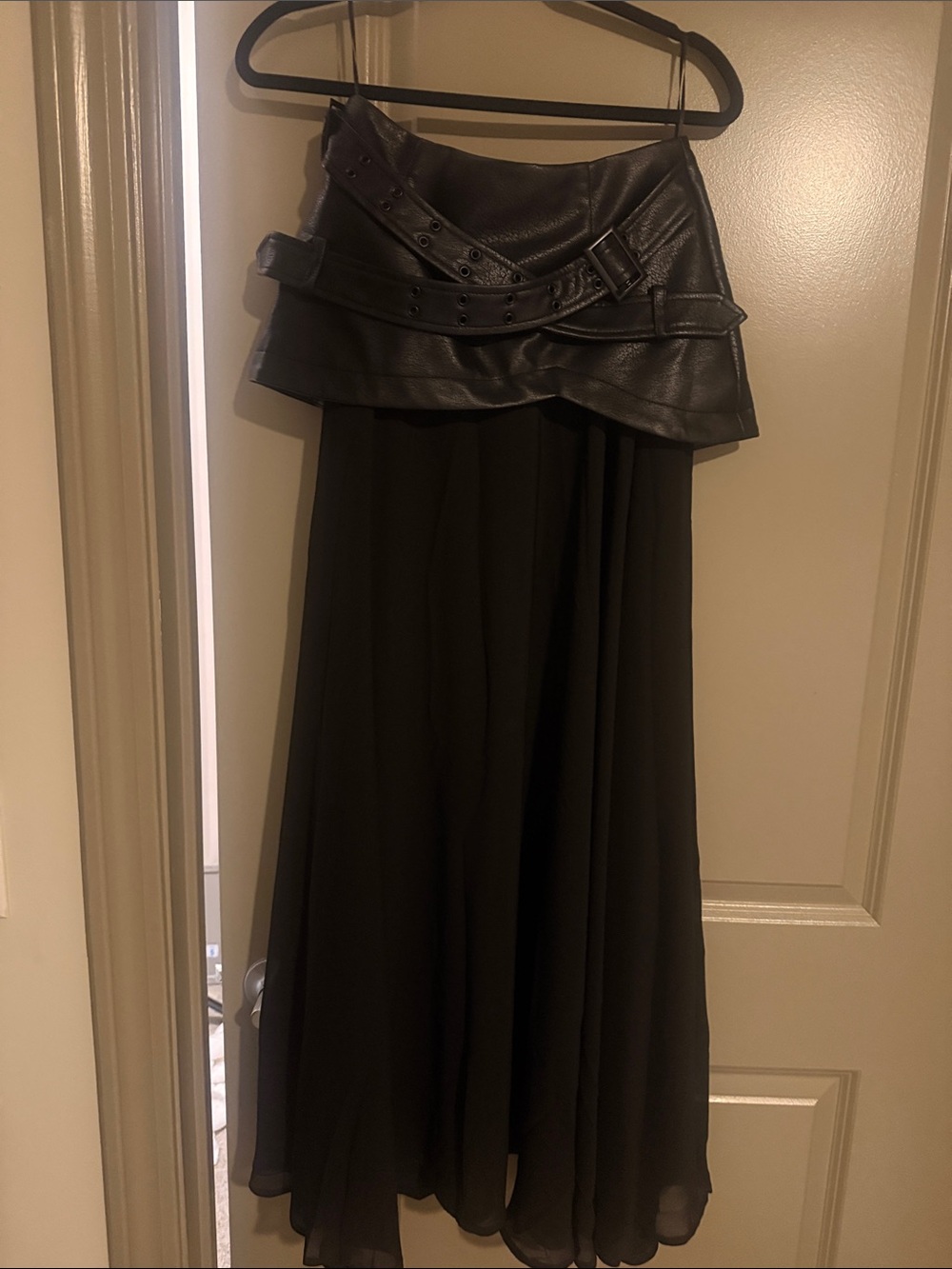 AKIRA Black Faux Leather Belted High-Waist Maxi Skirt